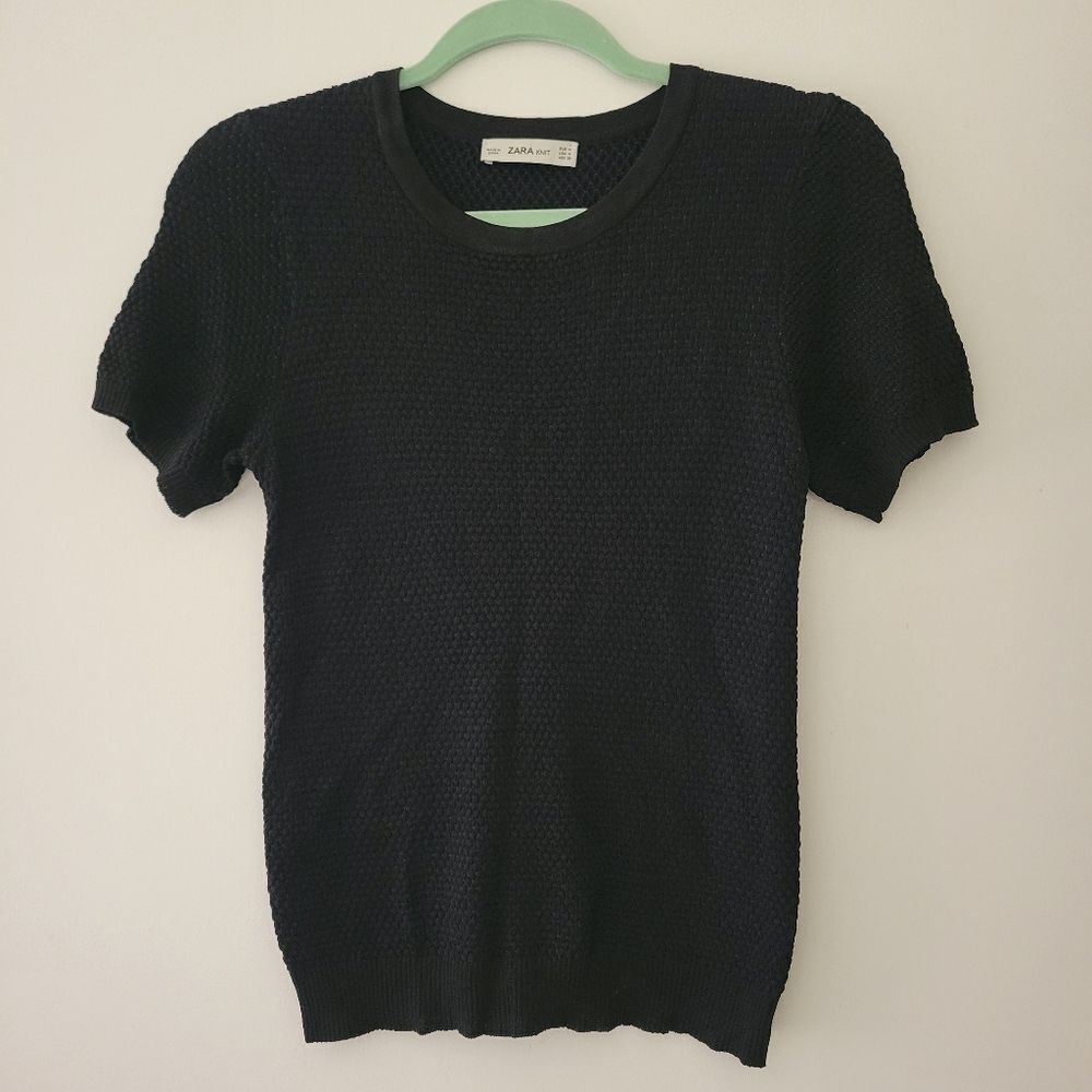 Zara Knit Top Short Sleeve Black Knit Blouse Size M